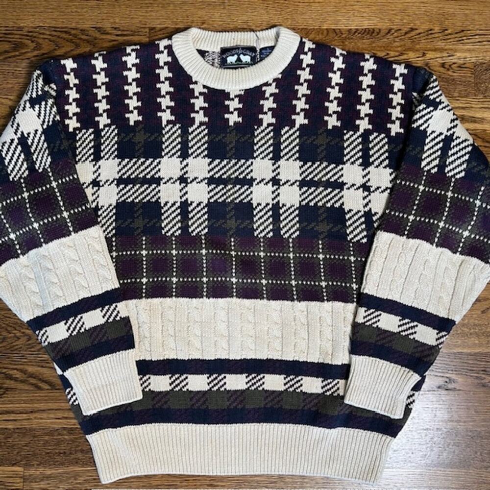 VTG 90s Woods and Gray Crewneck Knit Sweater Mens L Striped Cotton Multicolor